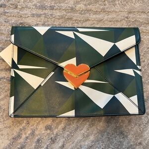 Dear Drew Geometric Green and White Clutch with Heart Accent